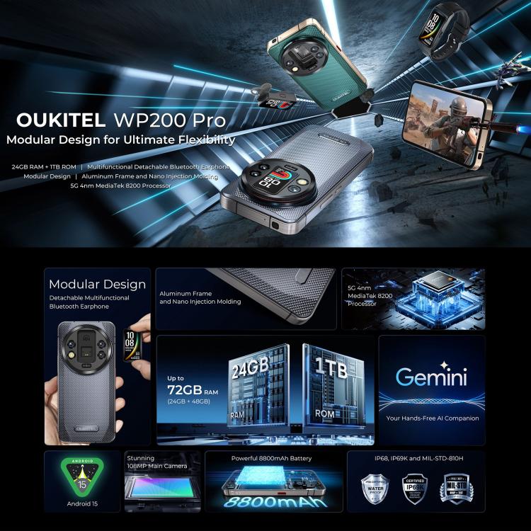 Teléfono robusto Oukitel WP200 Pro 5G: 24 GB de RAM, 1 TB de almacenamiento, pantalla de 6,7", Android 15.0, MTK Dimensity 8200, NFC, OTG