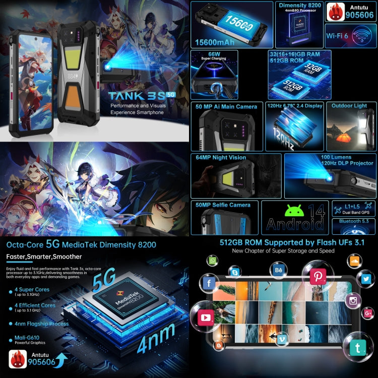 Unihertz 8849 Tank 3S Night Vision Projector Rugged Phone, 16GB+512GB, 6.79 inch Android 14 Dimensity 8200 Octa Core