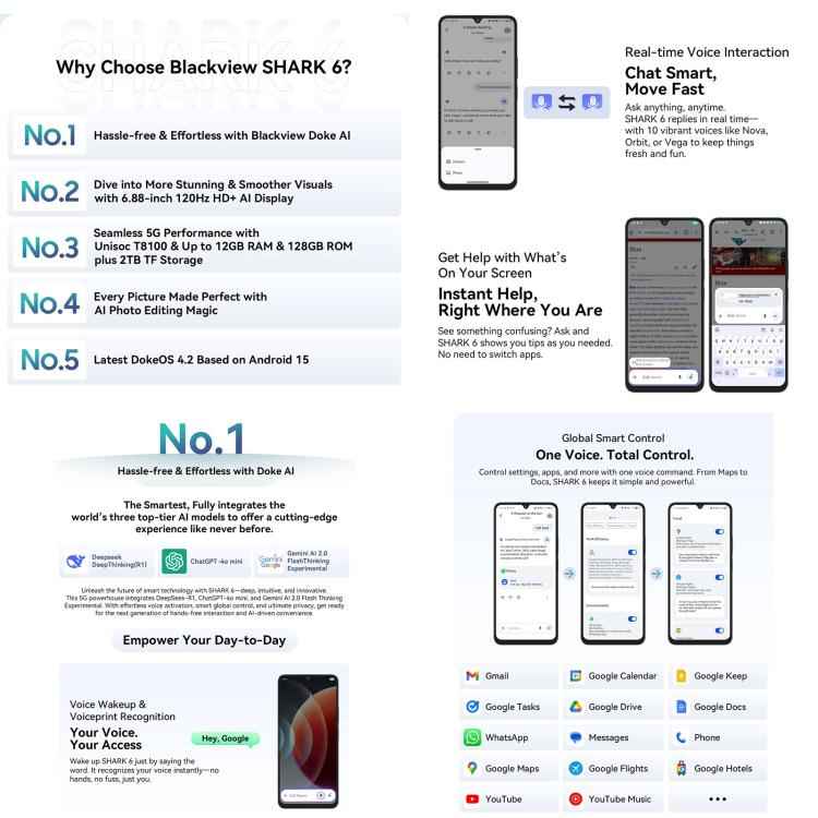 Blackview SHARK 6 5G, 4GB+128GB, 6.88 inch, 120Hz Display, Android 15 Unisoc UMS9620 T8100