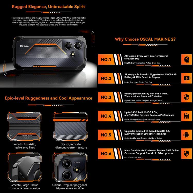 Blackview Oscal Marine 2 - 8GB RAM, 256GB Storage, 6.56 inch Display, Android 15, Unisoc UMS9230E T615 Octa Core, 4G Network, OTG, NFC