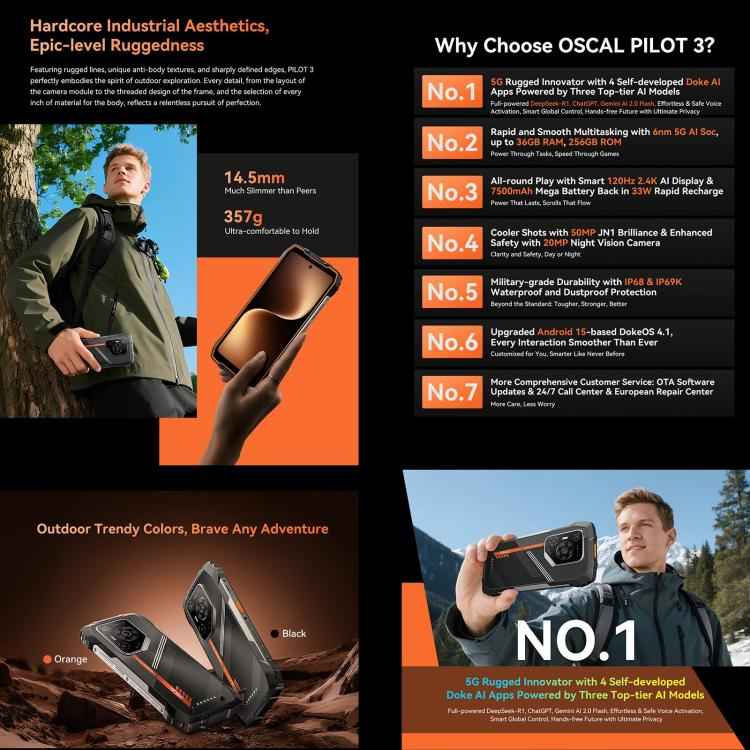 Blackview Oscal Pilot 3 5G Rugged Phone, 12GB+256GB, Night Vision Camera, 7500mAh, 6.56 inch Android 15 MediaTek Dimensity 6300