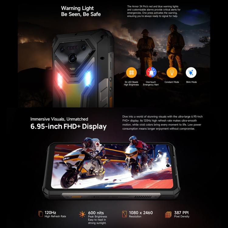 Ulefone Armor 34 Pro, 16GB+512GB, Night Vision, IP68/IP69K Rugged Phone, 6.95 inch Android 15 MediaTek Dimensity 7300 Octa Core, Network: 5G, NFC, OTG, Armor 34 Pro