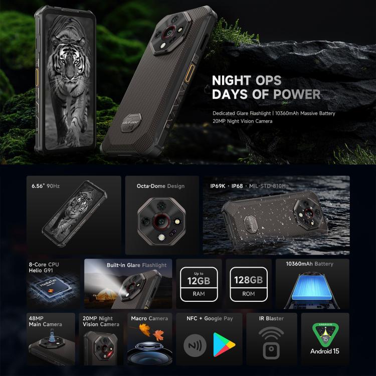 Teléfono robusto Ulefone Armor X16 | 6 GB + 128 GB, visión nocturna, IP68/IP69K, 6,56 pulgadas, Android 15, MediaTek Helio G91, 4G, NFC, OTG