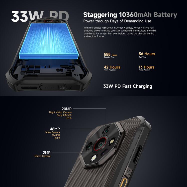 Teléfono robusto Ulefone Armor X16 | 6 GB + 128 GB, visión nocturna, IP68/IP69K, 6,56 pulgadas, Android 15, MediaTek Helio G91, 4G, NFC, OTG