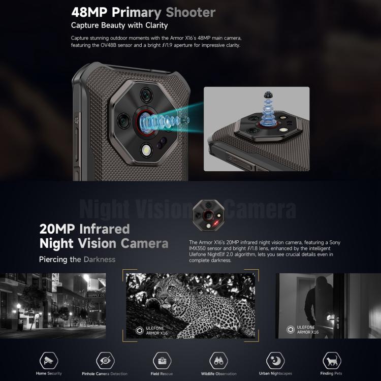 Teléfono robusto Ulefone Armor X16 | 6 GB + 128 GB, visión nocturna, IP68/IP69K, 6,56 pulgadas, Android 15, MediaTek Helio G91, 4G, NFC, OTG