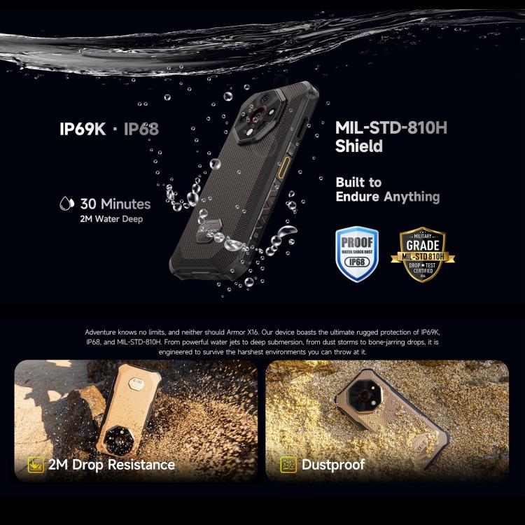 Teléfono robusto Ulefone Armor X16 | 6 GB + 128 GB, visión nocturna, IP68/IP69K, 6,56 pulgadas, Android 15, MediaTek Helio G91, 4G, NFC, OTG