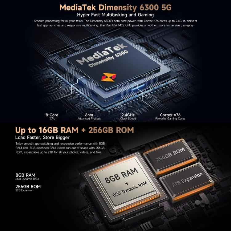 Ulefone Armor X16 Pro 5GB, 16GB+256GB, Night Vision, IP68/IP69K Rugged Phone, 6.56 inch Android 15 MediaTek Dimensity 6300