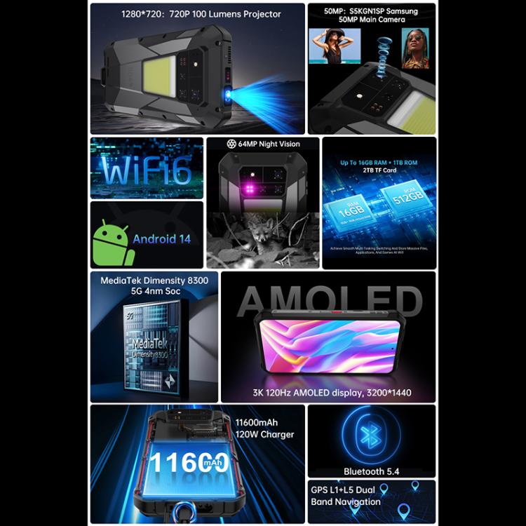 Teléfono robusto Unihertz Tank 4 Pro con proyector, 16 GB + 512 GB, visión nocturna, pantalla de 6,73 pulgadas, Android 13, 5G, NFC