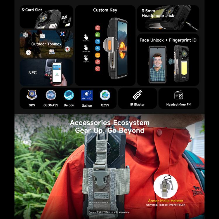 Teléfono robusto Ulefone Armor 33 - 12 GB + 512 GB, pantalla de 6,95 pulgadas, Android 15, MediaTek Helio G100, 4G, OTG, NFC, luz LED