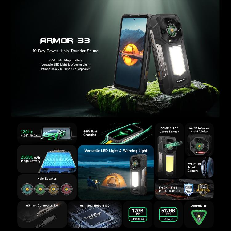 Teléfono robusto Ulefone Armor 33 - 12 GB + 512 GB, pantalla de 6,95 pulgadas, Android 15, MediaTek Helio G100, 4G, OTG, NFC, luz LED