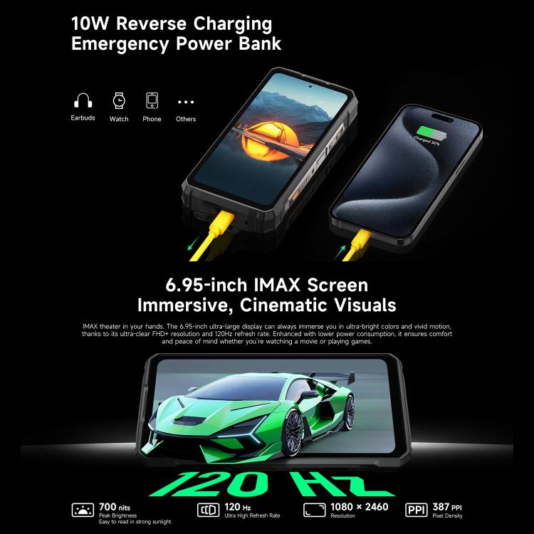 Teléfono robusto Ulefone Armor 33 - 12 GB + 512 GB, pantalla de 6,95 pulgadas, Android 15, MediaTek Helio G100, 4G, OTG, NFC, luz LED