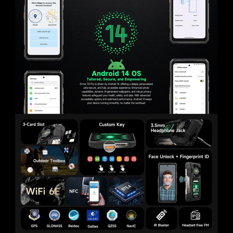 Teléfono robusto Ulefone Armor 33 Pro con 16 GB + 512 GB, visión nocturna, 5G, pantalla dual, Android 14, MediaTek Dimensity 7300X