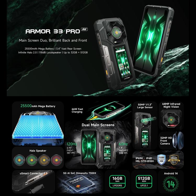 Teléfono robusto Ulefone Armor 33 Pro con 16 GB + 512 GB, visión nocturna, 5G, pantalla dual, Android 14, MediaTek Dimensity 7300X