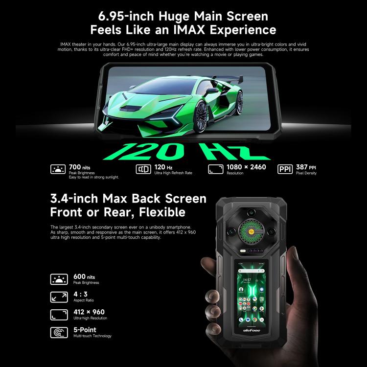 Ulefone Armor 33 Pro 5G Rugged Phone, 16GB+512GB, Night Vision, 6.95 inch + 3.4 inch Dual Screen Android 14 MediaTek Dimensity 7300X Octa Core