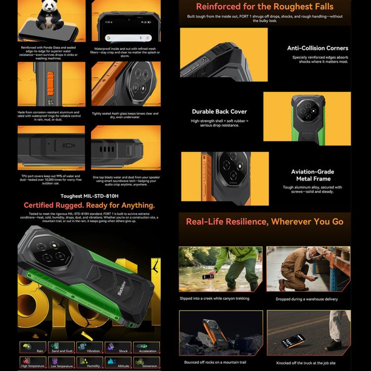 Blackview FORT 1 Smartphone - 6GB+256GB, 6.56 inch Display, Android 15, Unisoc UMS9230E T615 Octa Core, 4G Network, OTG, NFC