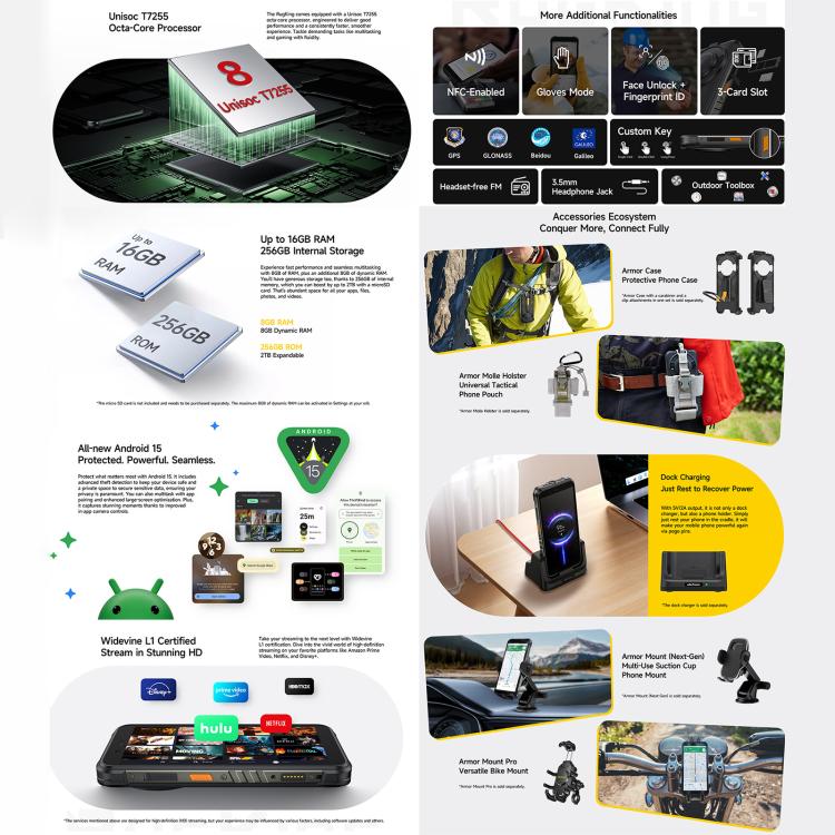 Teléfono robusto Ulefone RugKing 4G, 8 GB + 256 GB, IP68/IP69K, 5,99 pulgadas, Android 15, Unisoc T7255, ocho núcleos