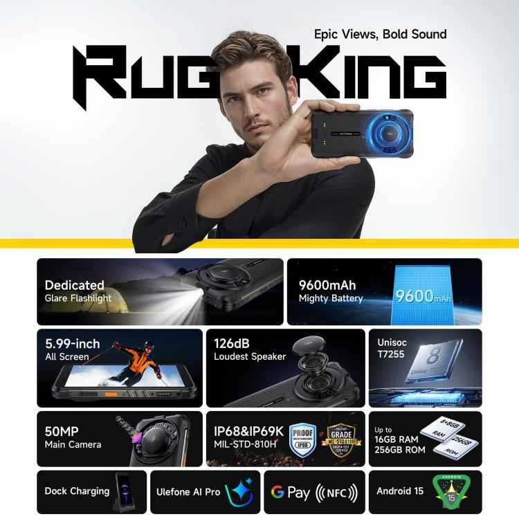 Ulefone RugKing 4G, 8GB+256GB, IP68/IP69K Rugged Phone, 5.99 inch Android 15 Unisoc T7255 Octa Core