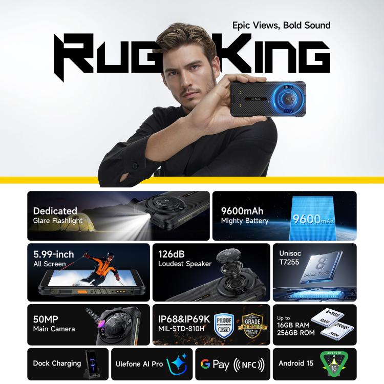 Teléfono robusto Ulefone RugKing 4G, 8 GB + 256 GB, IP68/IP69K, 5,99 pulgadas, Android 15, Unisoc T7255, ocho núcleos