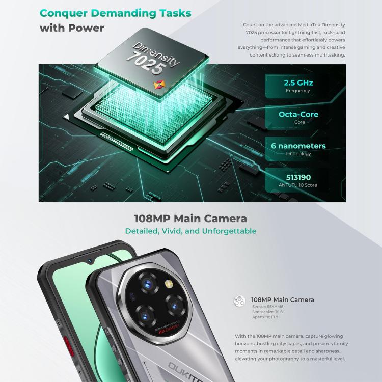 Oukitel WP62 Rugged Phone, 8GB+256GB, 108MP Camera, Fingerprint Identification, 6.6 inch Android 15 MediaTek Dimensity 7025 Octa Core, NFC, OTG, Network: 5G, 8GB+256GB