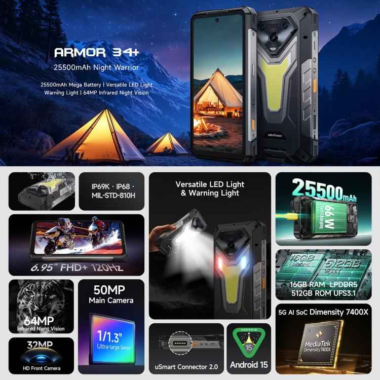 Ulefone Armor 34+, 16GB+512GB, Night Vision, IP68/IP69K Rugged Phone, 6.95 inch Android 15 MediaTek Dimensity 7400X Octa Core, Network: 5G, NFC, OTG, Armor 34+