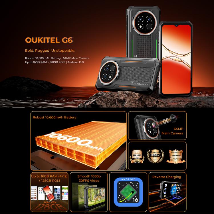 Oukitel G6 Rugged Phone, 4GB+128GB, Fingerprint Identification, 10600mAh Battery, 6.52 inch Android 16.0 Unisoc T615 Octa Core, NFC, OTG, Network: 4G, 4GB+128GB