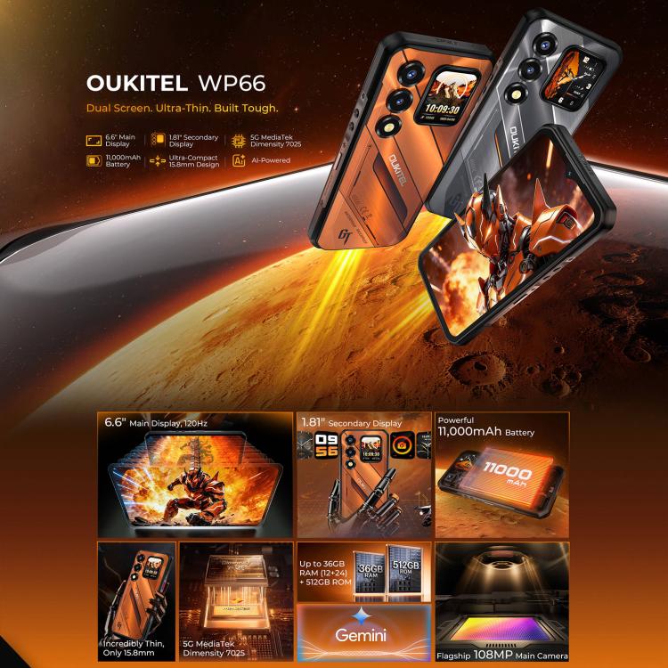 Oukitel WP66 5G Rugged Phone, 12GB+512GB, Side Fingerprint, 6.6 inch Android 16.0 MTK Dimensity 7025 Octa-Core, NFC, OTG, Network: 5G