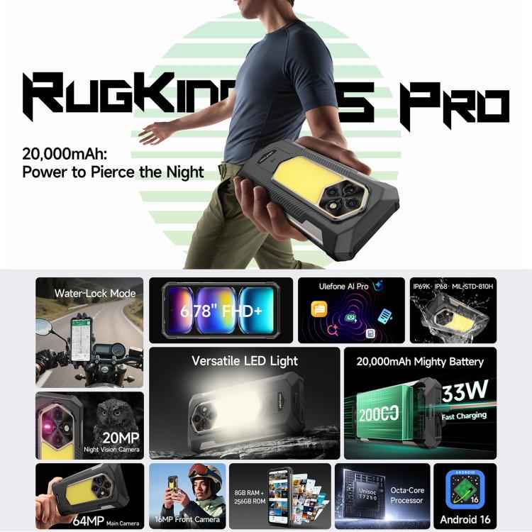 Ulefone RugKing 5 Pro Rugged Phone, Side Fingerprint, 20000mAh Battery, 6.78 inch Android 16 Unisoc T7250 Octa Core, Network: 4G, NFC, OTG, RugKing 5 Pro, 8GB+256GB