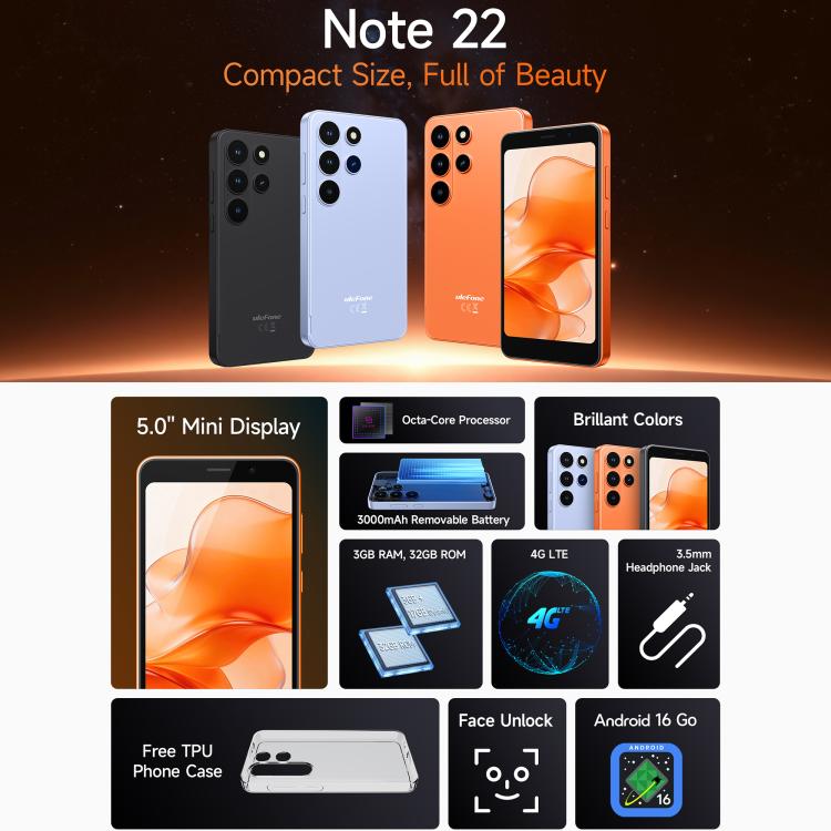 Ulefone Note 22, 3GB+32GB, 5.0 inch Android 16 Go Unisoc T7100 Octa Core, Network: 4G, OTG, Note 22