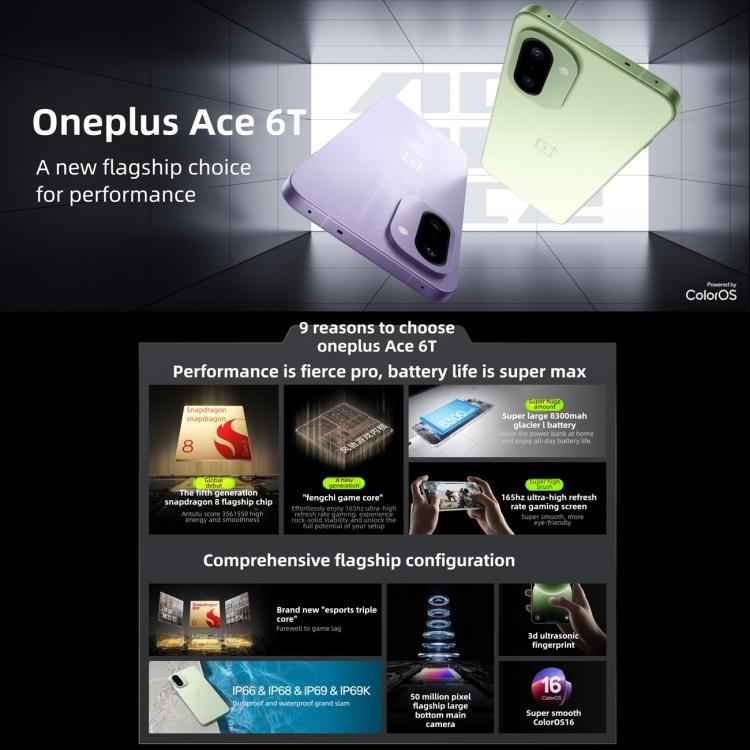 OnePlus Ace 6T, 12GB+256GB, Screen Fingerprint Identification, 6.83 inch ColorOS 16.0 Snapdragon 8 Gen 5 Octa Core, NFC, Network: 5G, 12GB+256GB(Black), 12GB+256GB(Green), 12GB+256GB(Purple)