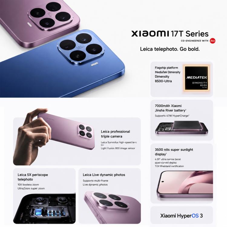 Xiaomi 17T, 12GB+256GB, Screen Fingerprint, 6.59 inch Xiaomi HyperOS 3 Dimensity 8500-Ultra Octa-Core, NFC, Network: 5G, 12GB+256GB