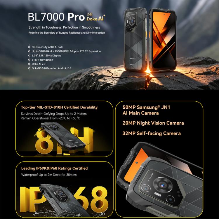 Blackview BL7000 Rugged Phone - 8GB+256GB, 6.78" Android 15, MediaTek Dimensity 6300, 5G, NFC, OTG
