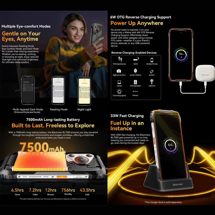 Teléfono robusto Blackview BL7000 - 8 GB + 256 GB, 6,78" Android 15, MediaTek Dimensity 6300, 5G, NFC, OTG