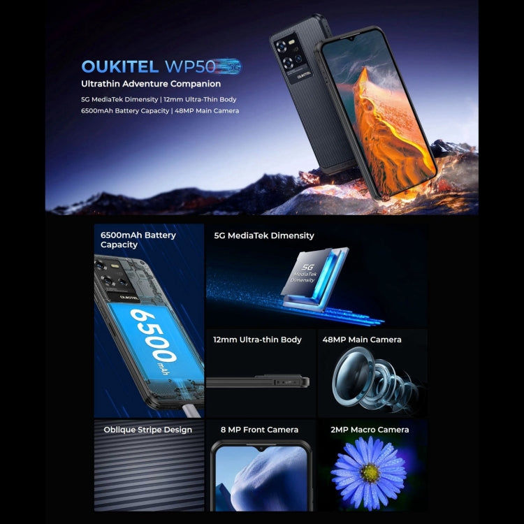 Oukitel WP50 Rugged 5G Phone - 4GB RAM, 256GB Storage, 6.6" Display, Android 14, MediaTek Dimensity 6100+, NFC, 5G Network