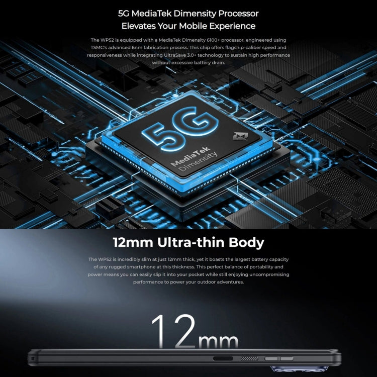 Oukitel WP52 Rugged Phone - 5G, 4GB RAM + 256GB Storage, 6.6 Inch Android 14, MediaTek Dimensity 6100+ Octa-core, NFC, OTG