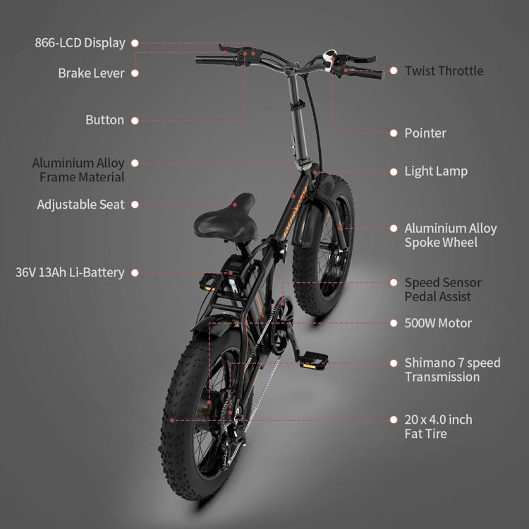 500W 36V 13AH Foldable E-Bike for Adults - 20'' Tires, Orange/Black - LYDARZ