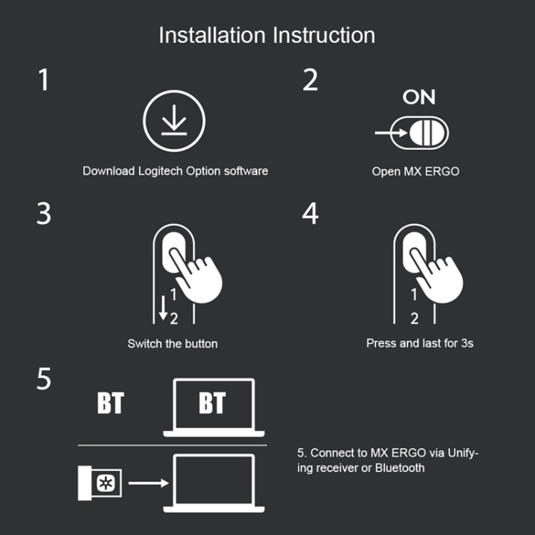 Logitech MX ERGO 440DPI Bluetooth + Unifying Dual-mode Wireless Trackball Optical Mouse - LYDARZ