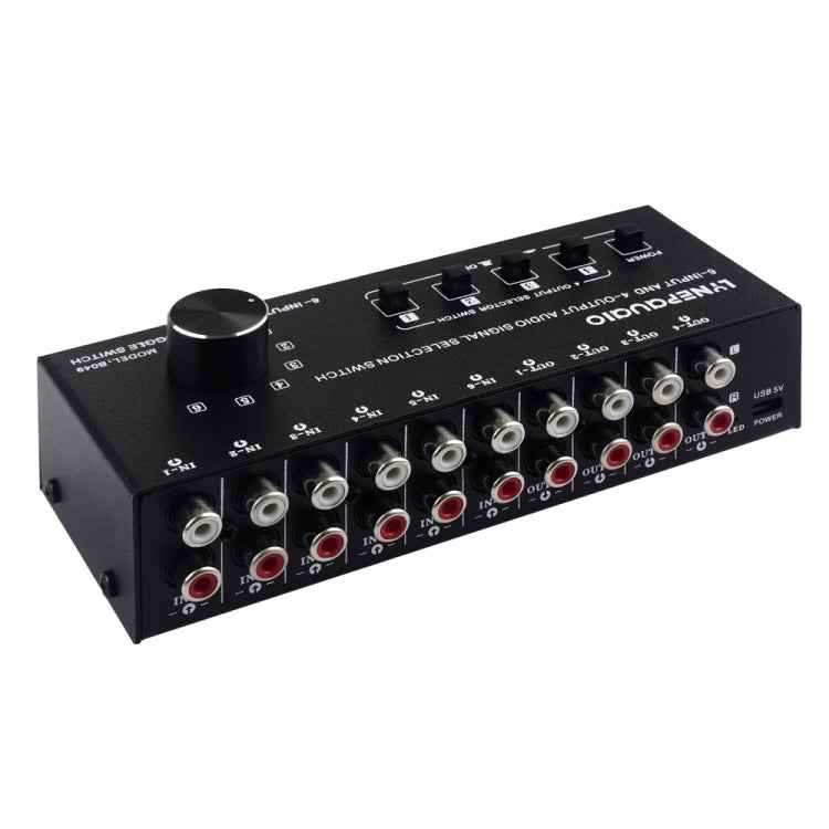 6-In 4-Out RCA Audio Switcher – Signal Selector & Distributor