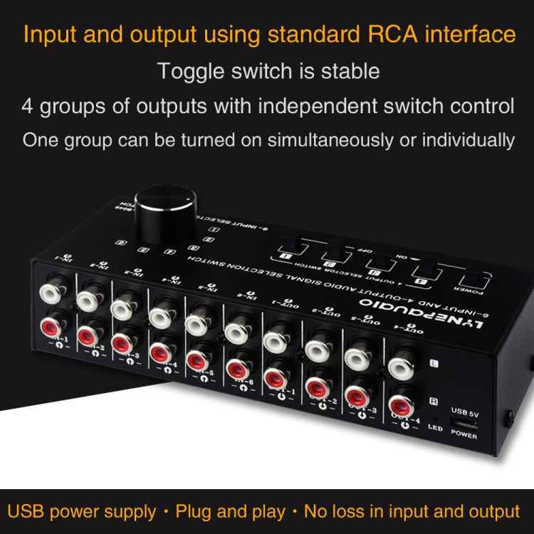 6-In 4-Out RCA Audio Switcher – Signal Selector & Distributor