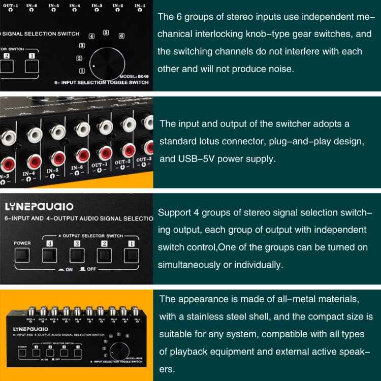 6-In 4-Out RCA Audio Switcher – Signal Selector & Distributor