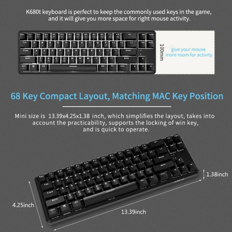 Ajazz K680T Mini USB Wired Dual-mode Charging 68-keys Laptop Bluetooth Mechanical Keyboard - LYDARZ