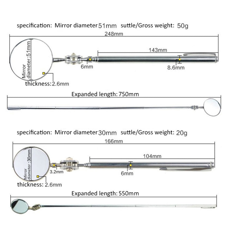 Espejo de inspección para reparación de automóviles: espejo telescópico plegable universal para soldadura e inspección de chasis.