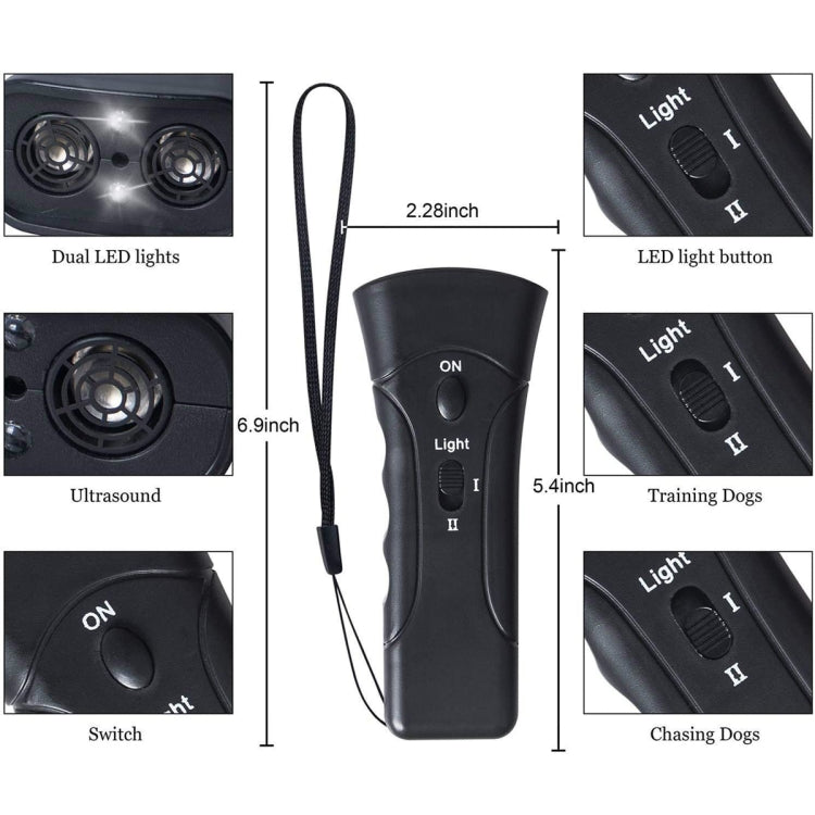 Repelente LED portátil para perros y linterna ultrasónica - Cabezal simple o doble (negro/amarillo)
