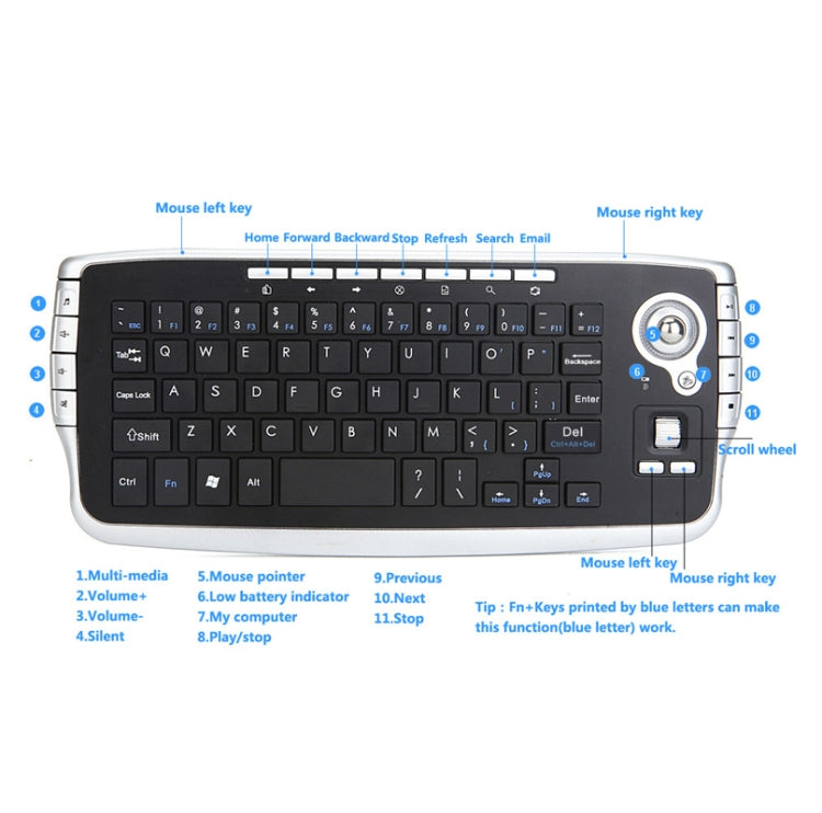 MY-10 Mini Wireless Trackball Keyboard and Mouse Set - 2.4G, 78 Keys, 1200 DPI