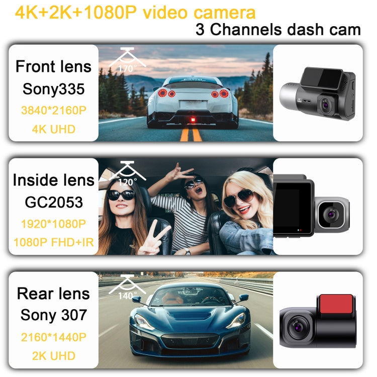 Grabadora de coche M700A de 3 canales 4K UHD frontal + 1080P interior + 2K trasera + GPS + WIFI