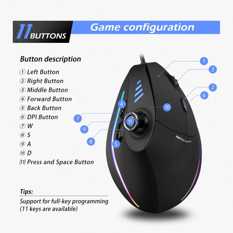 Ratón vertical para juegos ZELOTES C18 RGB: joystick ergonómico de 11 teclas, con cable y programación