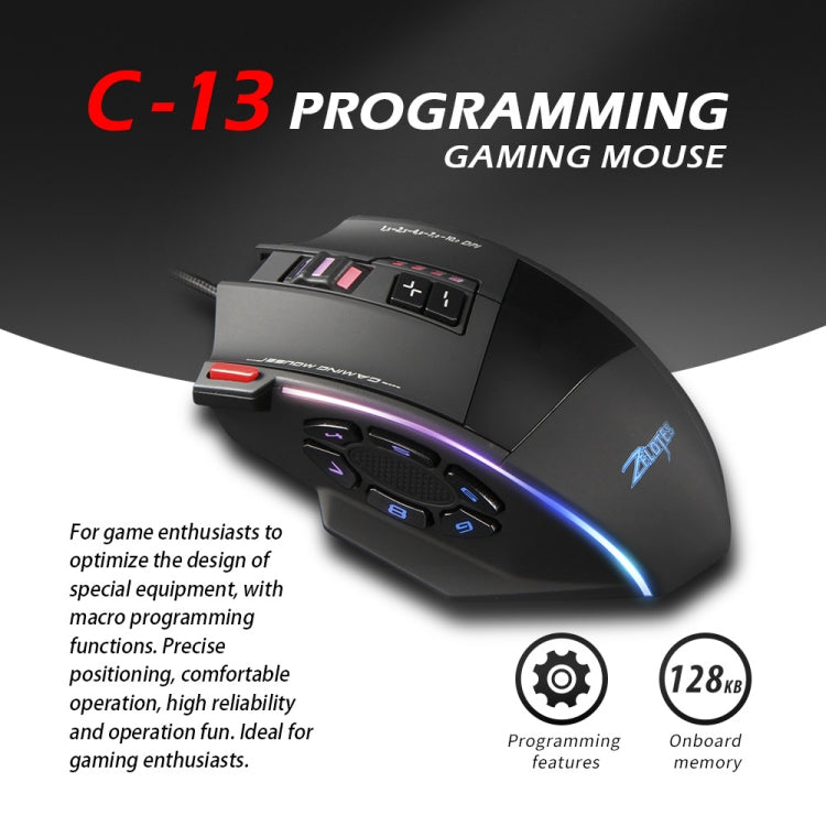 ZELOTES C13 RGB-Gaming-Maus – 13 Tasten, Makro, individuell verkabelt