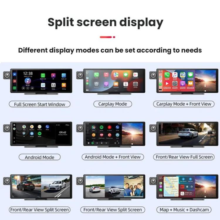 Voice-Controlled CarPlay With Split-Screen Dual-Camera Dashcam, Front Camera + Interior View, With Rear View Camera