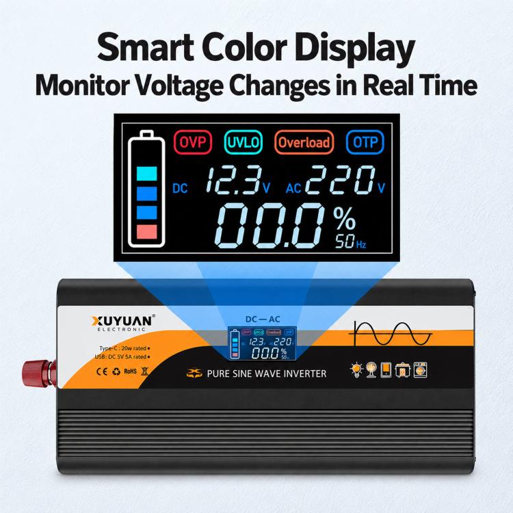 XUYUAN Pure Sine Wave Inverter with Color LCD Screen, EU Plug, 3600W 12V/24V-220V, 4000W 12V-220V, 4000W 24V-220V, 5000W 24V-220V