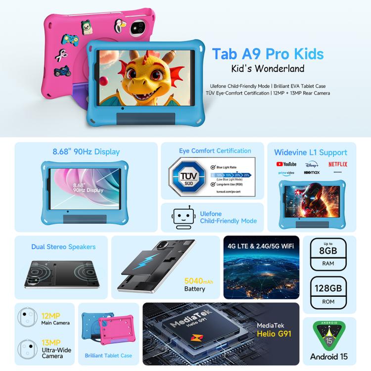Ulefone Tab A10 Pro Kids Tablet PC, 6GB+128GB, 8.68 inch Android 15 MediaTek Helio G91 Octa Core 4G Network, EU Plug