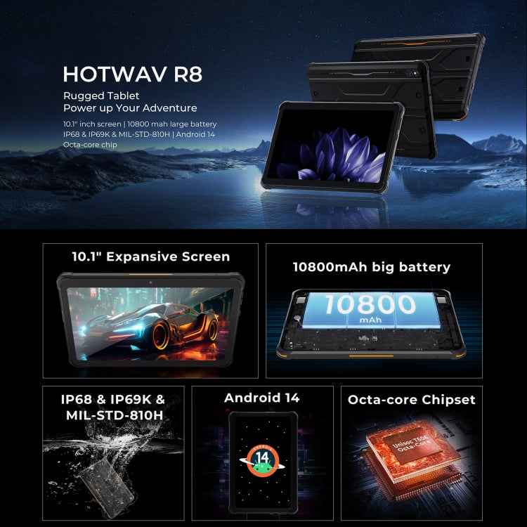 HOTWAV Tab R8 IP68/IP69K Rugged Tablet, 4GB+128GB, 10.1 inch Android 14 Unisoc T606 Octa Core 4G Network, Global Version with Google Play, EU Plug